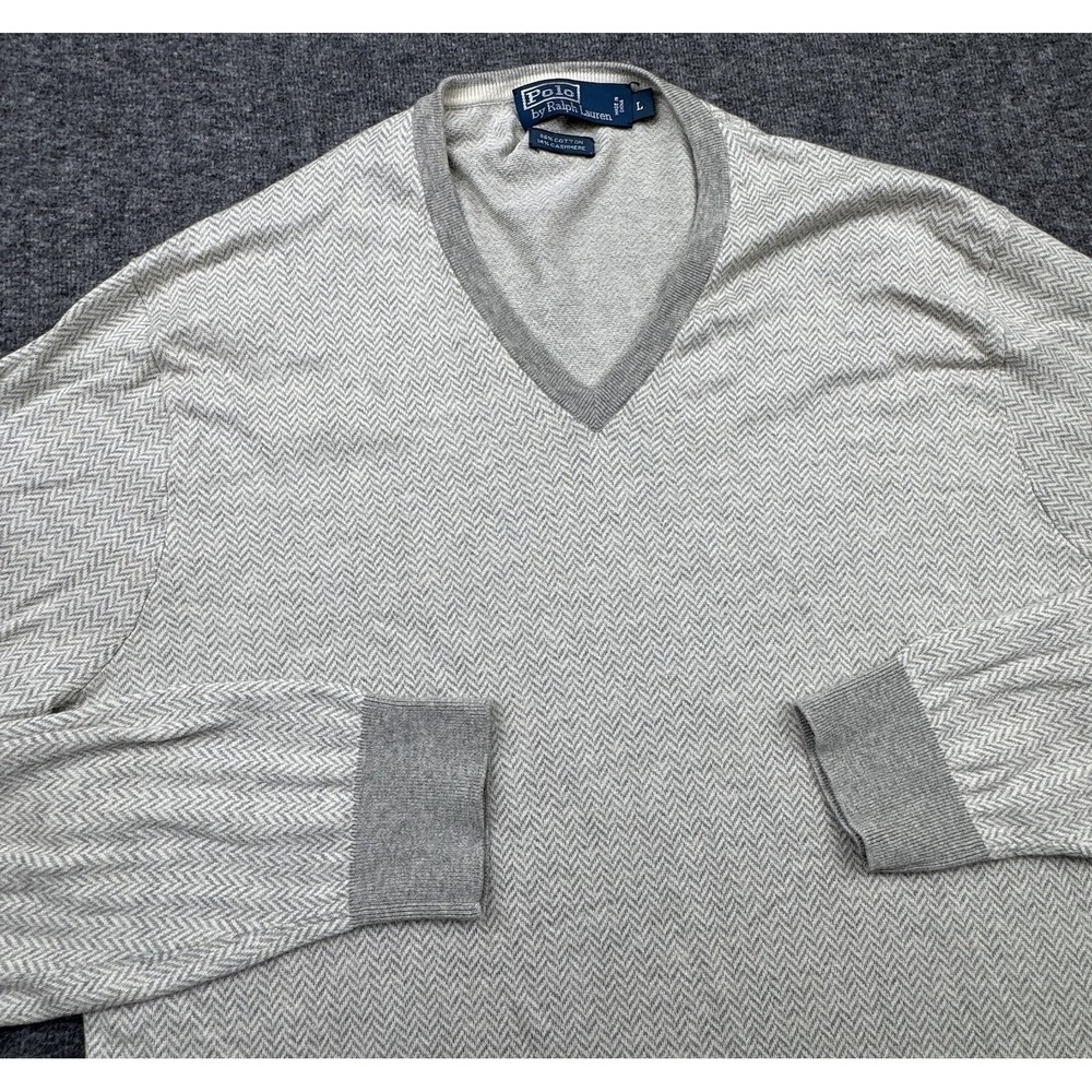 Polo Ralph Lauren Sweater Mens L Beige V Neck Cashmere Blend Herringbone Preppy